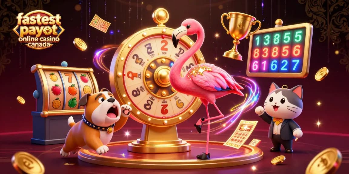 Experience the excitement of the fastest payout online casino Canada with a 3D game show illustration showcasing vibrant characters and casino elements.