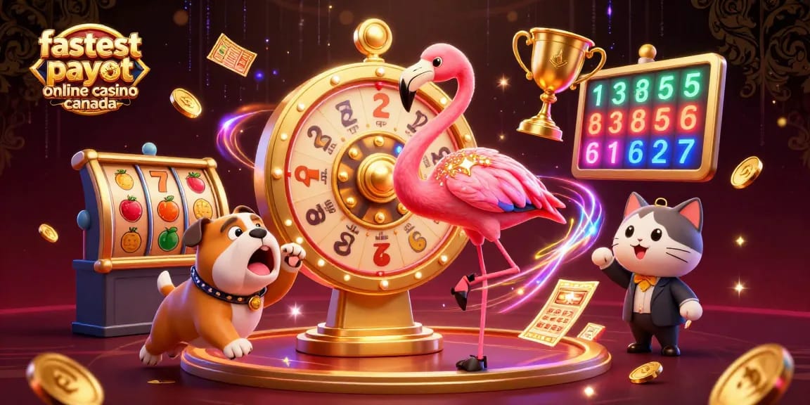 Experience the excitement of the fastest payout online casino Canada with a 3D game show illustration showcasing vibrant characters and casino elements.