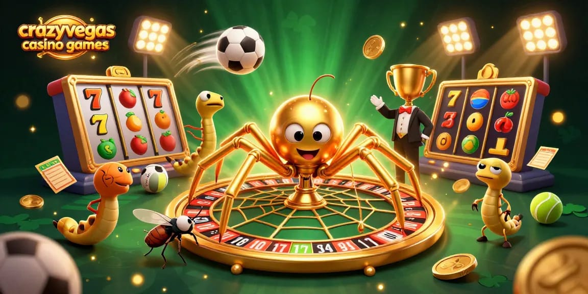 Spin and win with crazyvegas casino games as a golden spider spins roulette web with excitement.