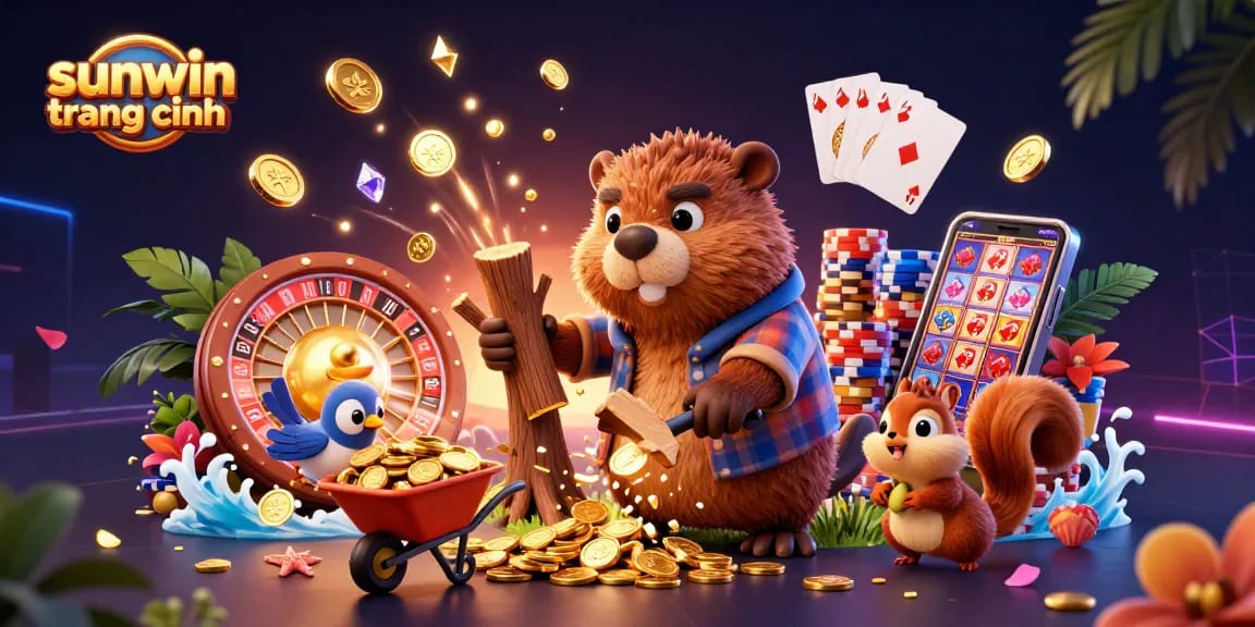 Experience fun at sunwin trang chính with a beaver and friends collecting golden coins in a vibrant casino.