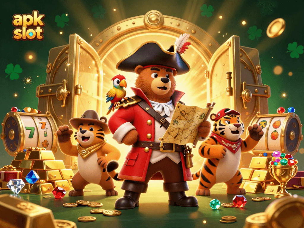 Spin the reels in style with apk slot featuring a 3D pirate bear, a tiger, and golden treasures.