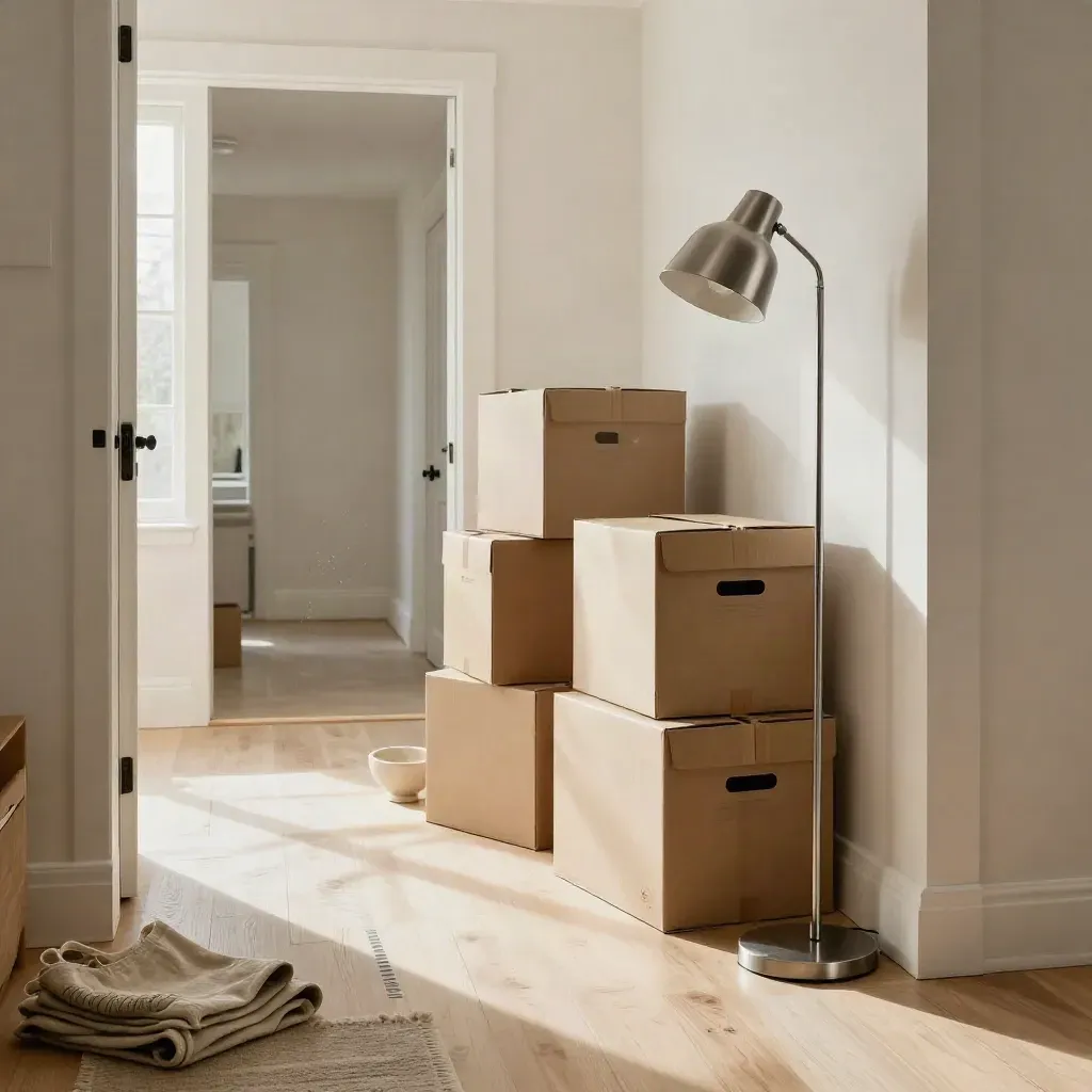 Starter-home entryway with boxes, key bowl and floor lamp in warm morning light.