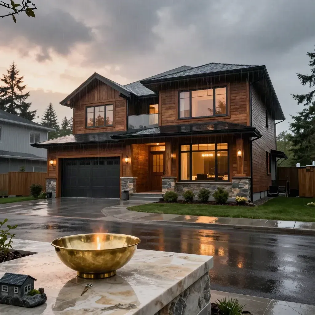 Rain-slick modern Canadian home at dusk with brass key bowl and stone house model on limestone.