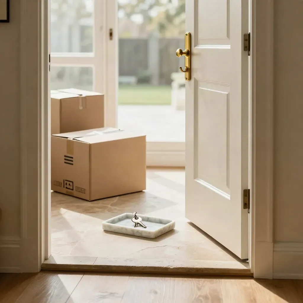 Bright hallway with moving boxes, key tray, and ajar front door at a pre-approval moment.