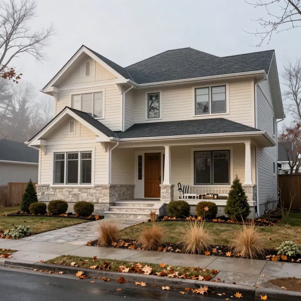 Late-autumn detached home with a fresh roofline, crisp eaves, and a protected front garden.