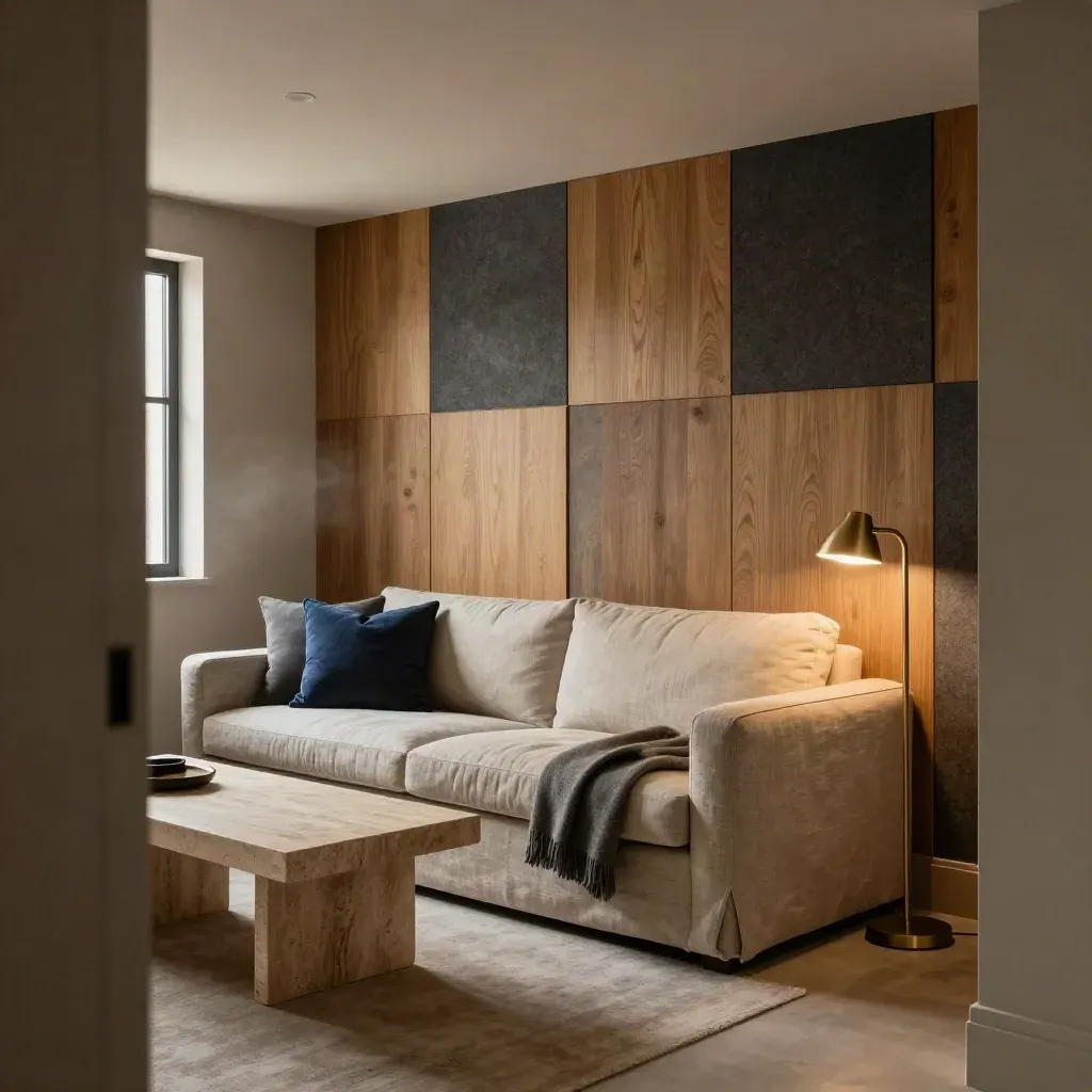 Renovated basement media nook with linen sofa, acoustic panels and stone side table
