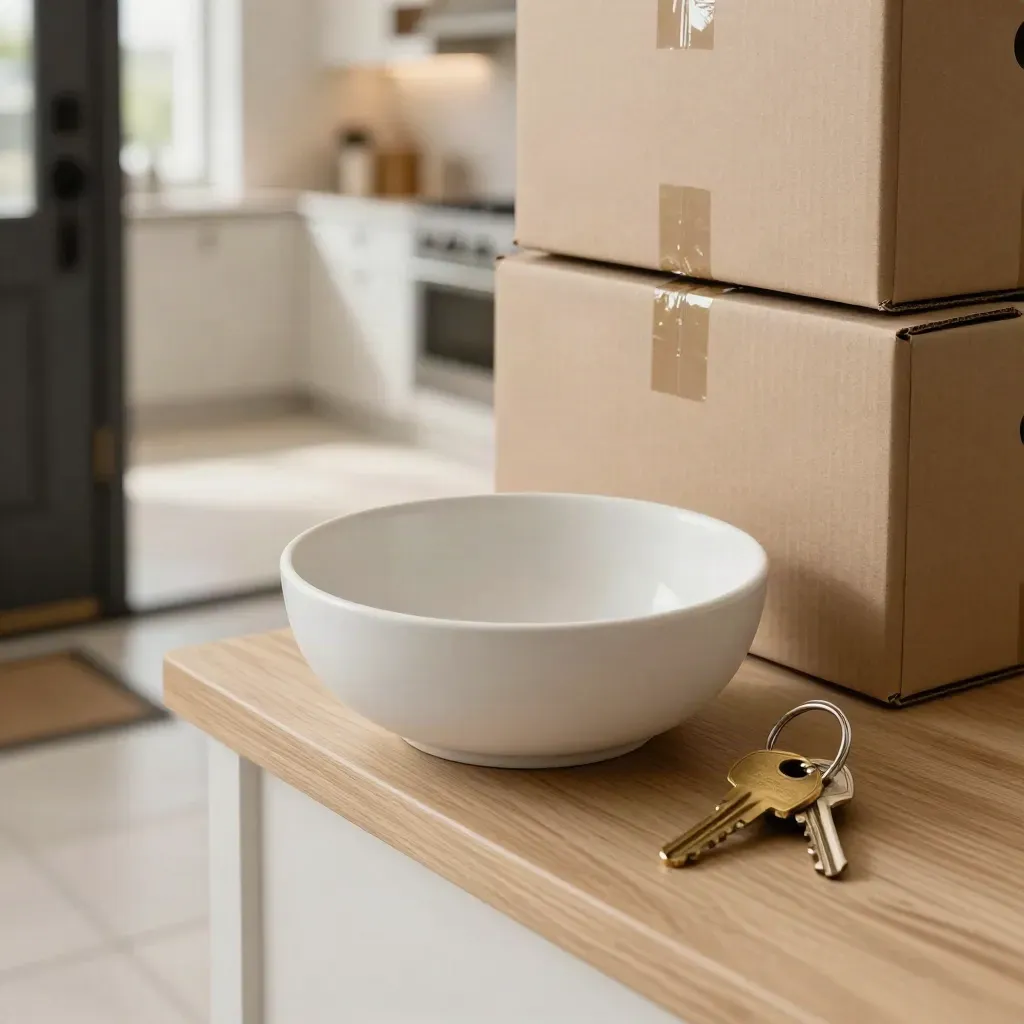Extreme macro of a townhouse entry key bowl, moving boxes, and a bright kitchen beyond.