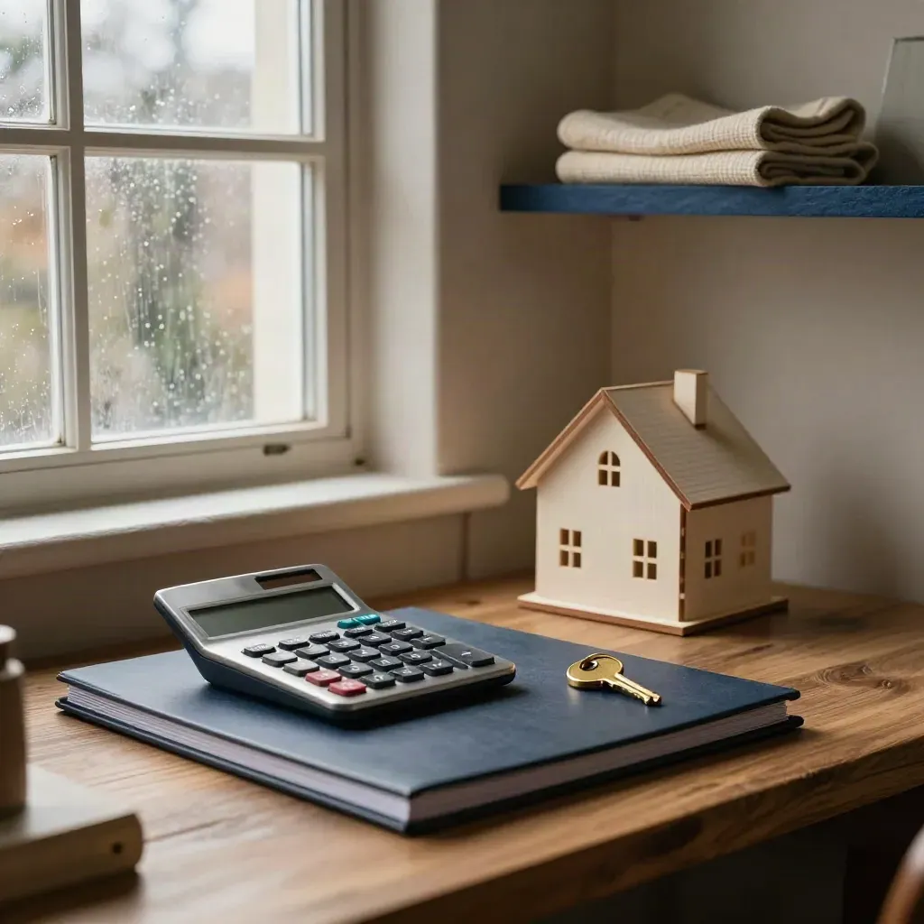 Loft office corner with calculator, binder, key, and small house model by a window