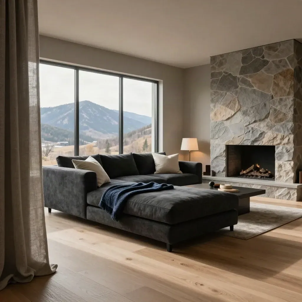 Empty Calgary living room with sectional, stone hearth and window light.