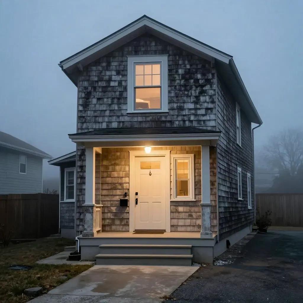 Low driveway view of a glowing rental duplex at blue hour with mist and a key box by the door.