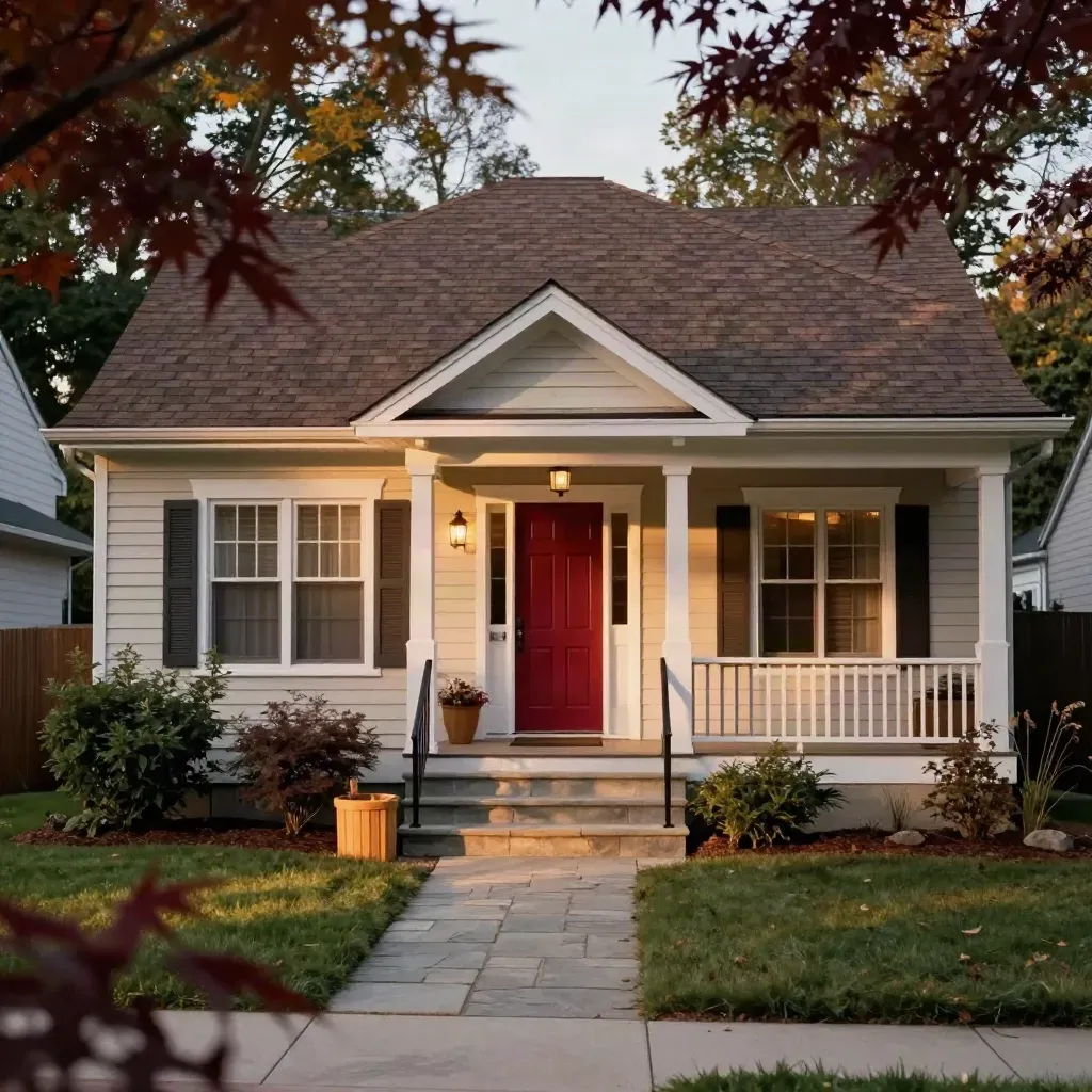 Low-angle suburban house with fresh shingles, ruby door, and glowing stoop at dusk.