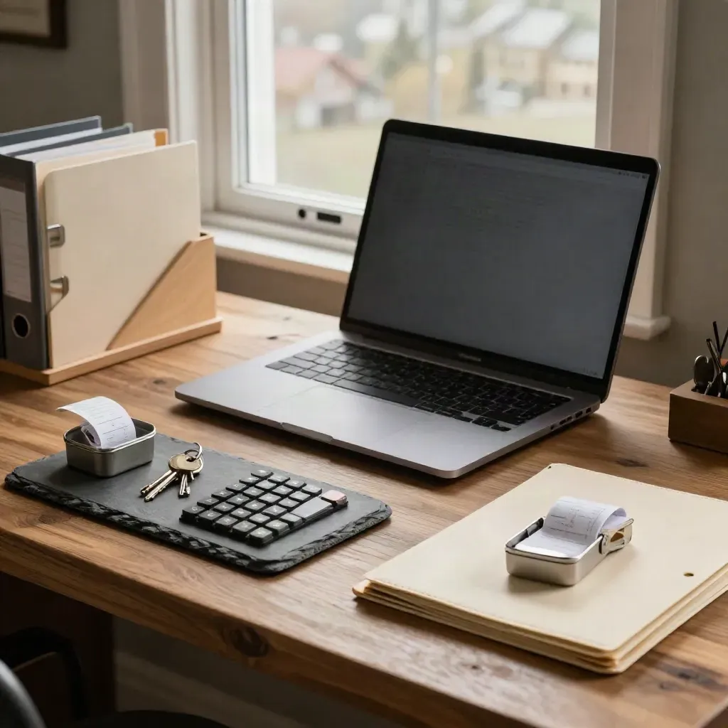 Compact home office with closed laptop, receipt tin, calculator, key tray and folders by a window