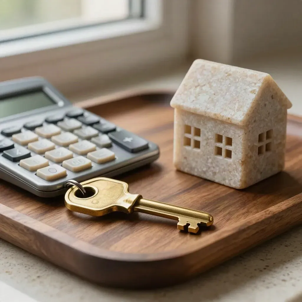 Brass house key, calculator, and stone house model on a walnut tray in soft window light.