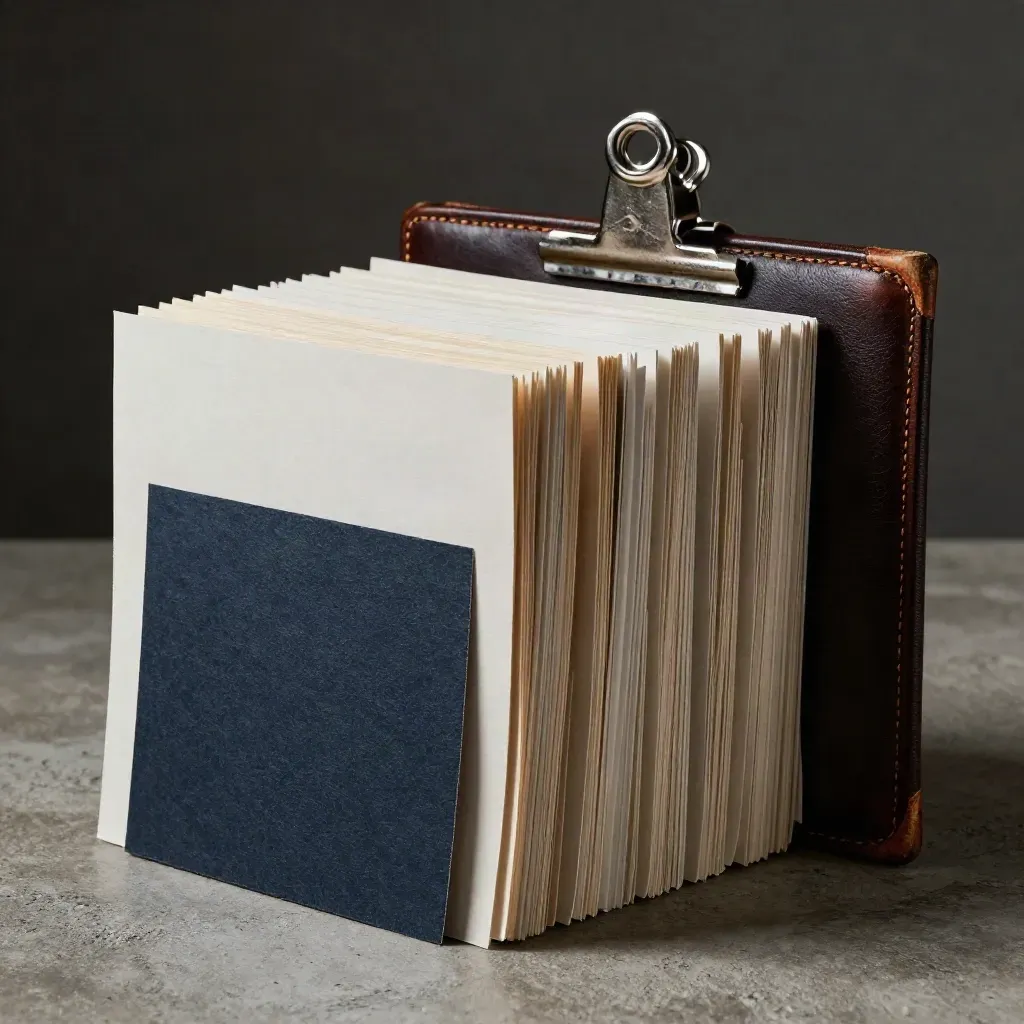 Mortgage file tabs, metal clip and leather folder corner on concrete in dramatic low light