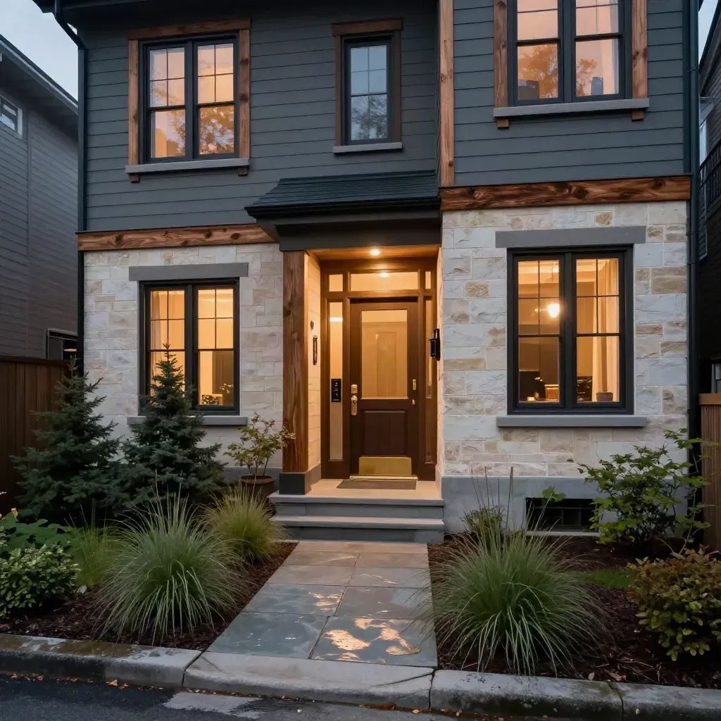 Ottawa duplex exterior with lit windows, side entrance, and planted path in blue-hour mist