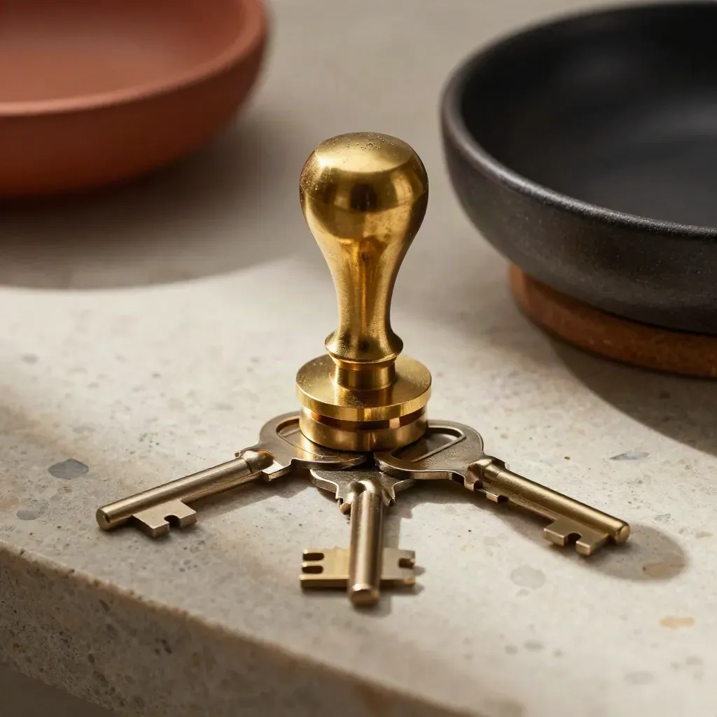 Brass approval stamp and key blanks beside a dark bowl on stone, premium macro still life.