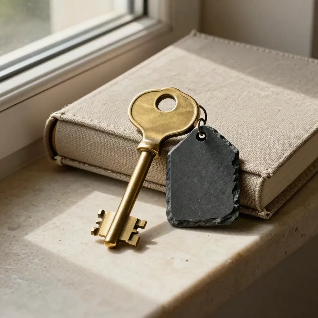 Brass house key, linen binder and slate house token on a khaki stone ledge.