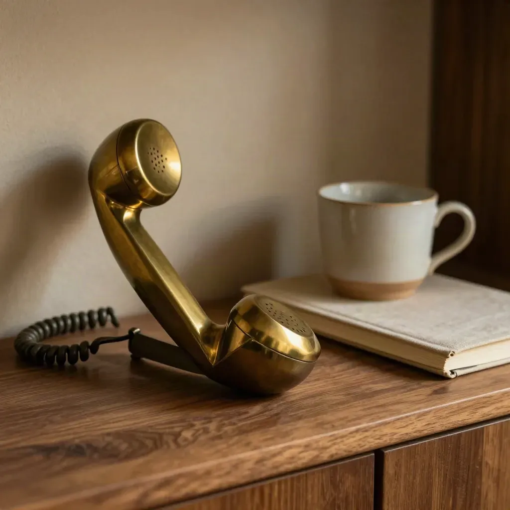 Brass handset, closed notebook, and ceramic cup on a walnut shelf in soft side light.