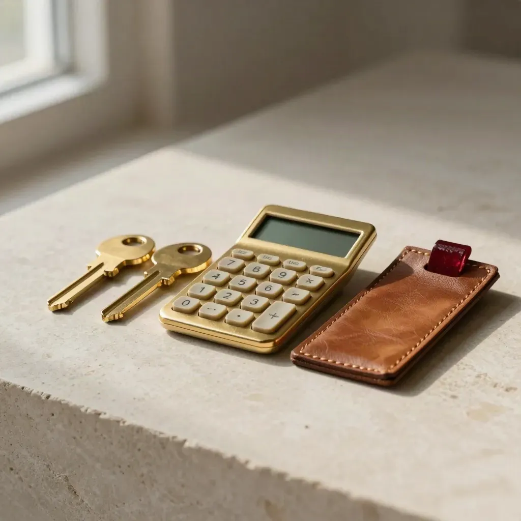 Brass key blanks, calculator, and leather tray on pale stone with soft side light.