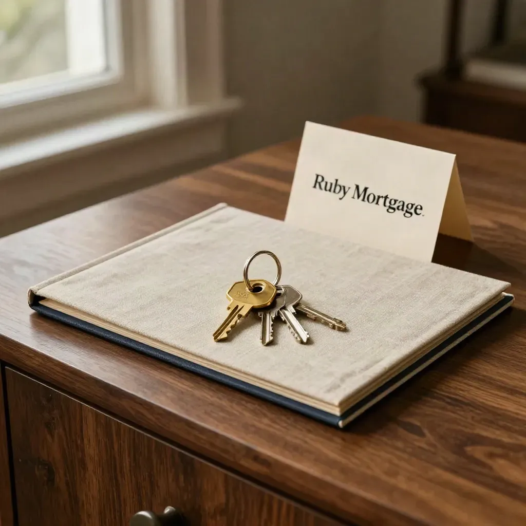 Brass house key, two keys, and a linen folder on a dark wood sideboard in soft window light.