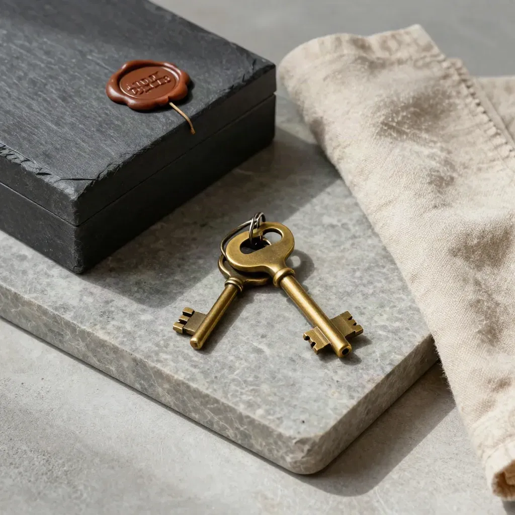 Brass key ring beside a wax-sealed packet and closed file box on a stone tray.