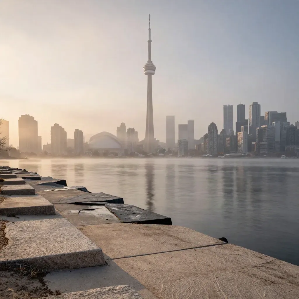 Toronto skyline and CN Tower above a misty lake at dawn, with calm water and open space below