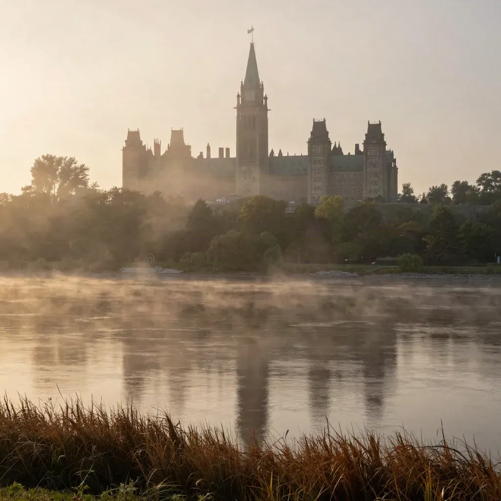 Misty Ottawa Valley dawn with Parliament Hill on the horizon over a calm river