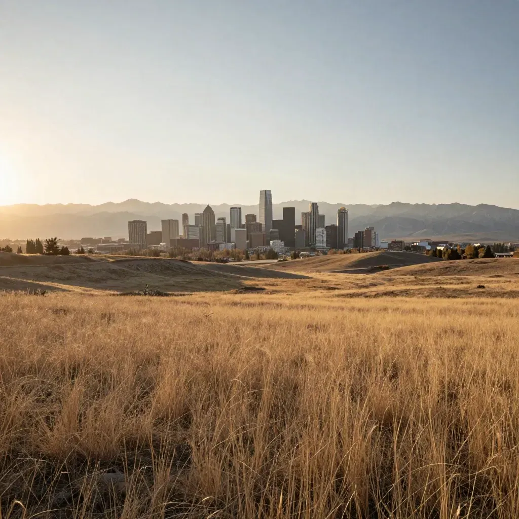 Calgary skyline high over prairie grass with the Rockies beyond at golden hour.