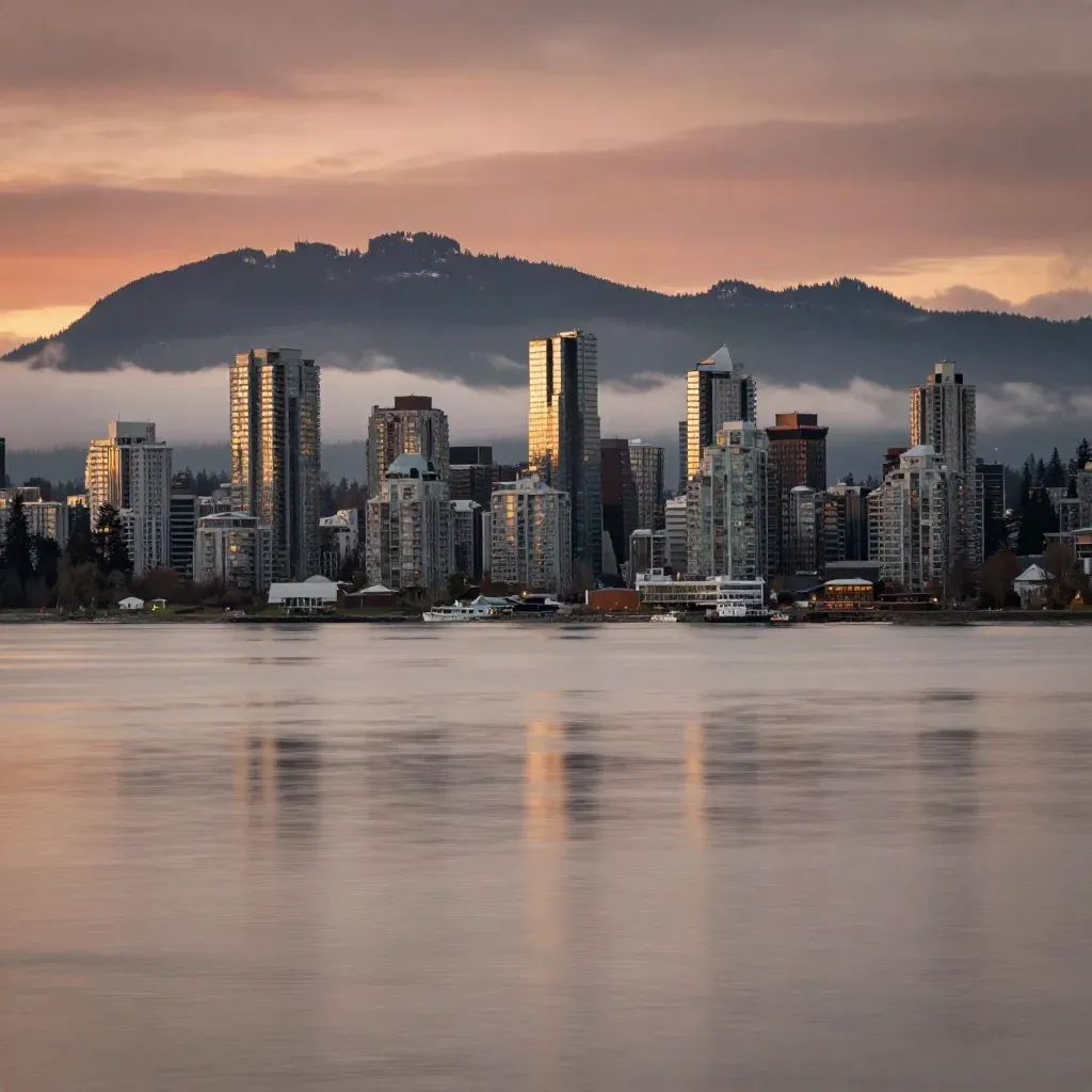 Blue-hour Vancouver skyline and mountains over calm water, soft haze, warm reflection.