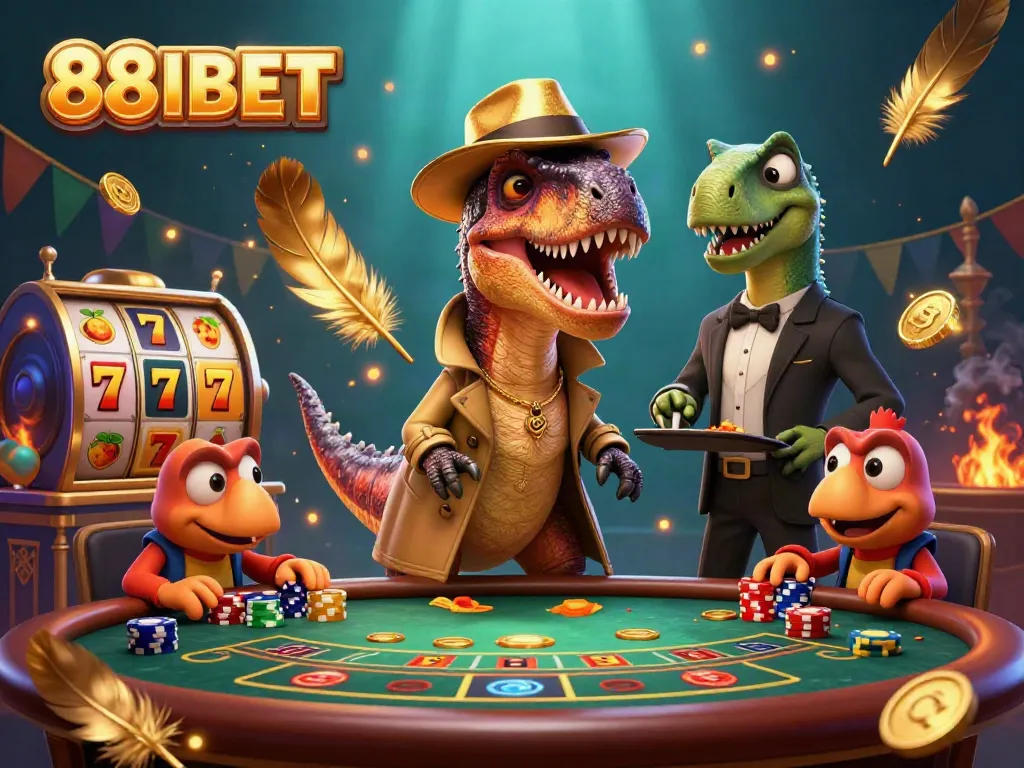 Experience thrilling gameplay with a velociraptor at a blackjack table, celebrating victories at 88IBET.