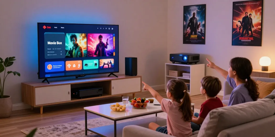 Family enjoying a movie box streaming session on a large smart TV in a cozy living room.